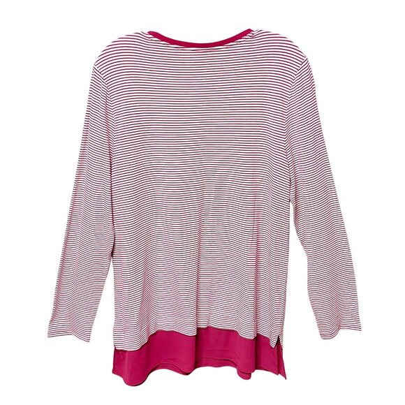 Chico’s Women’s Sz 1 US M Striped Woven-Hem Top Pink & White Rayon Spandex Blend - Picture 2 of 7